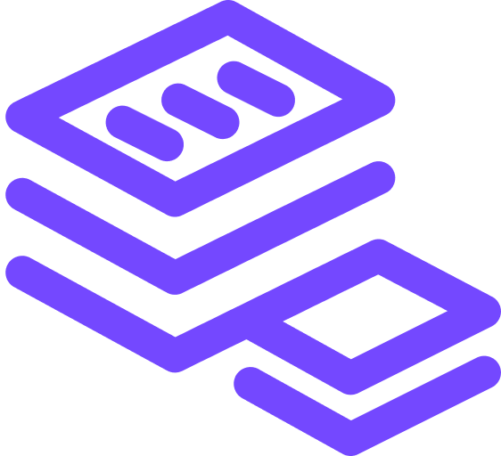 Stacks logo with 3 purple word bubbles stacked on top of each